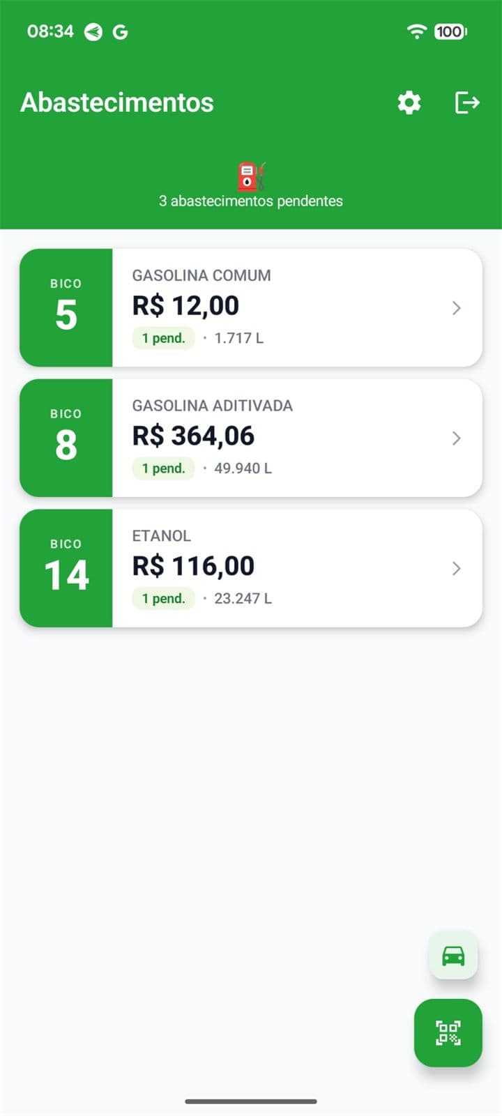 GasMobile Frentista: lista de abastecimentos pendentes agrupados por bico