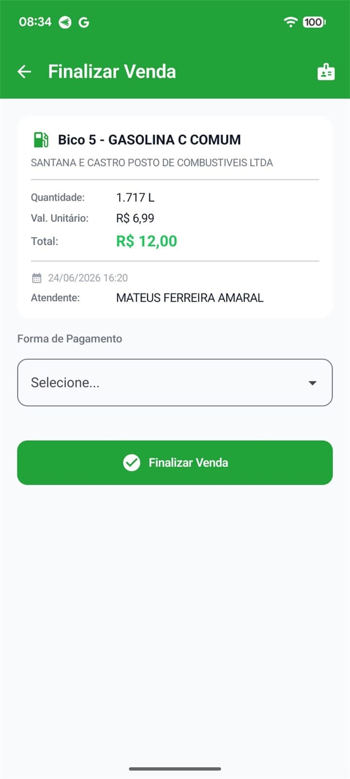 GasMobile Frentista: finalização de venda com escolha da forma de pagamento