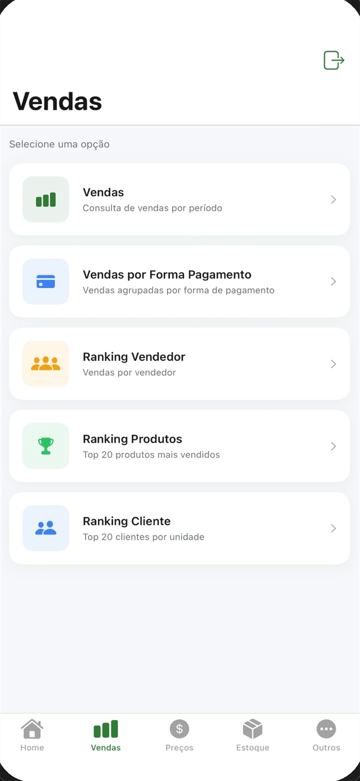 Menu de vendas do GasMobile: vendas por período, por forma de pagamento e rankings de vendedor, produtos e clientes
